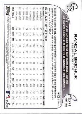 Back of 2022 Topps Update #US27 Randal Grichuk Colorado Rockies Baseball Card