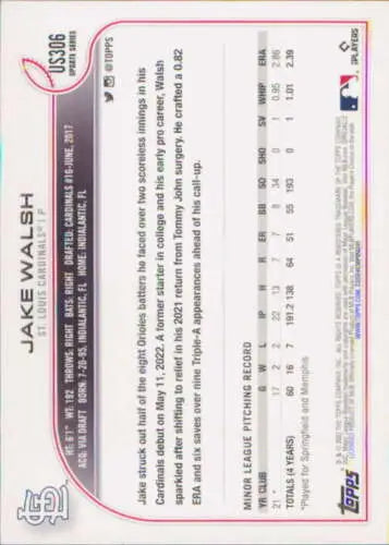 Baseball card back of 2022 Topps Update US306 Jake Walsh with original gloss finish