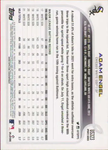 Baseball card back of 2022 Topps Update US323 Adam Engel with original gloss details