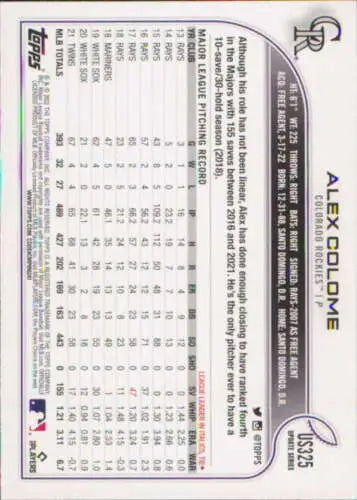 Baseball card back of 2022 Topps Update US325 Alex Colome with original gloss finish