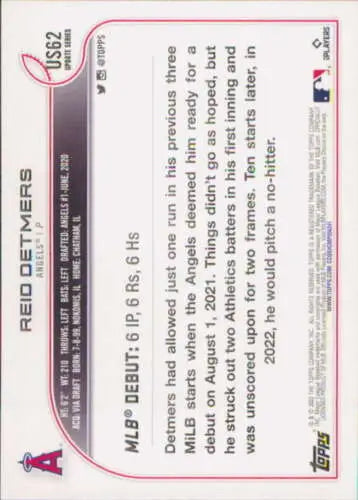 Baseball card back of 2022 Topps Update US62 Reid Detmers with original gloss finish