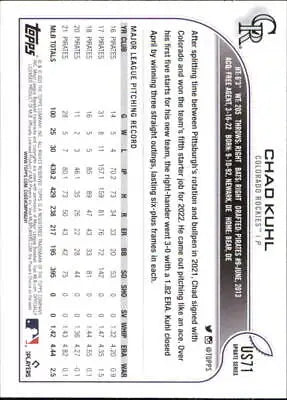 Back of 2022 Topps Update US71 Chad Kuhl Colorado Rockies Baseball Card