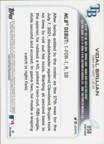 Back of 2022 Topps Update US8 Vidal Brujan baseball card featuring original gloss finish