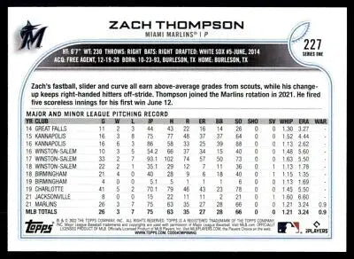 Baseball card back of 2022 Topps Zach Thompson Rookie Miami Marlins #227 in text-align center