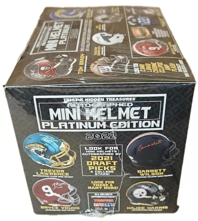 Sealed box of NFL mini helmet collectibles in Platinum Edition for 2021 from Tristar