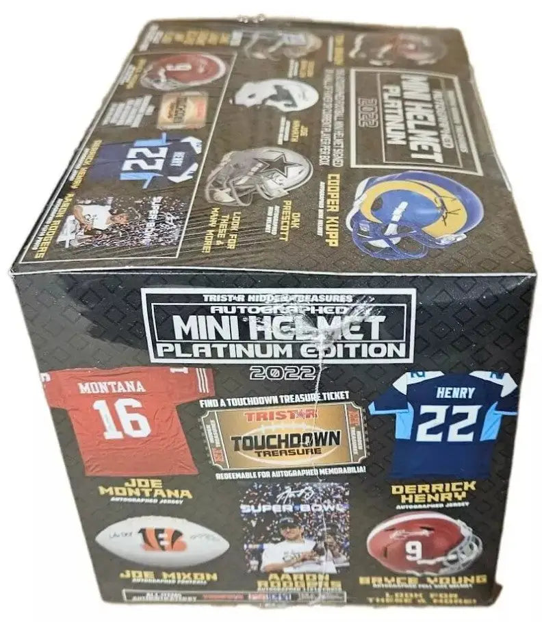 Mini helmet trading card box featuring NFL player designs in Platinum Edition