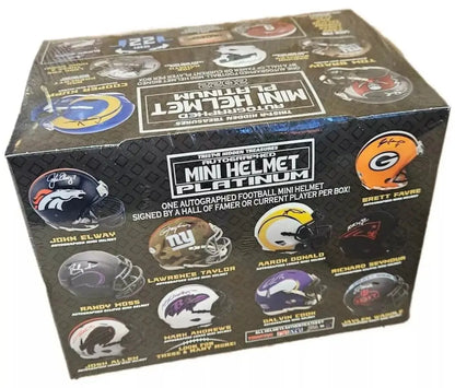 Box of NFL mini helmets with team logos from 2022 Tristar Hidden Treasures Edition