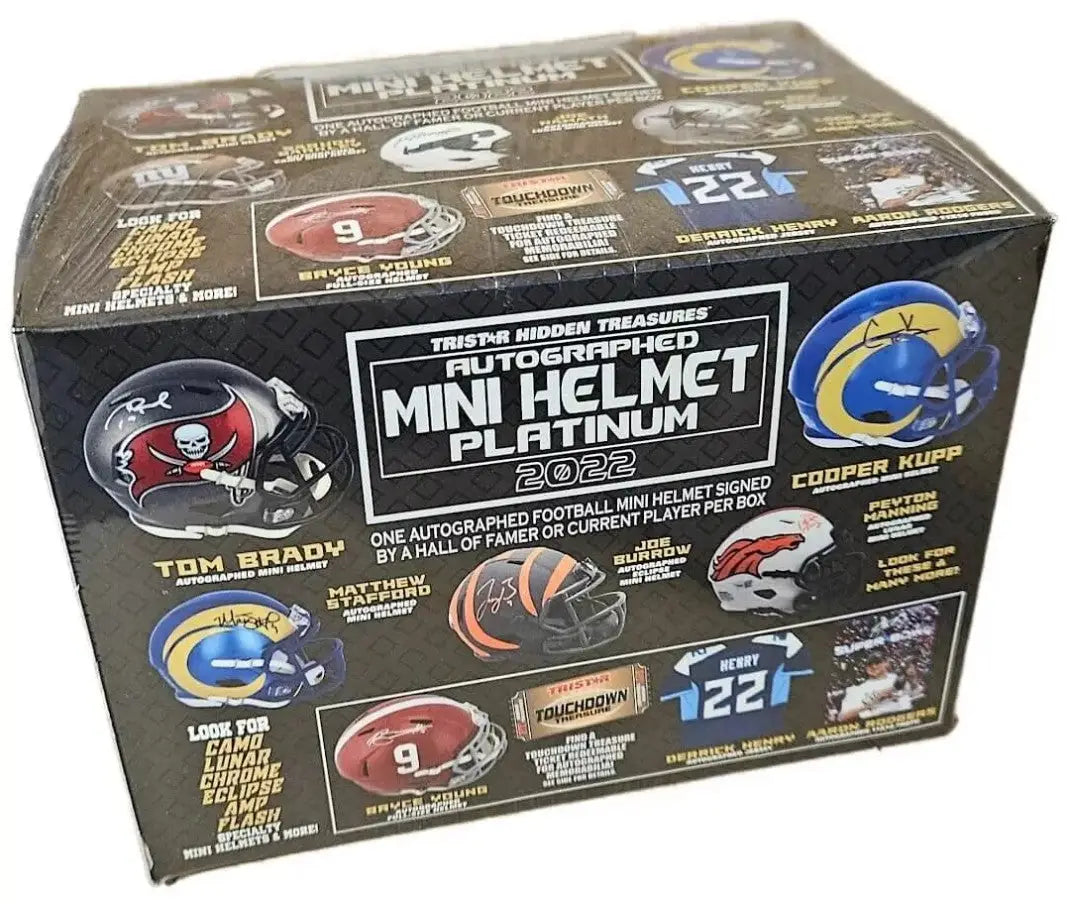 Box of NFL mini helmet trading cards with team logos from Tristar Hidden Treasures