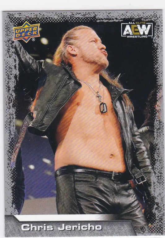 Wrestling trading card of Chris Jericho in a leather jacket from Upper Deck AEW