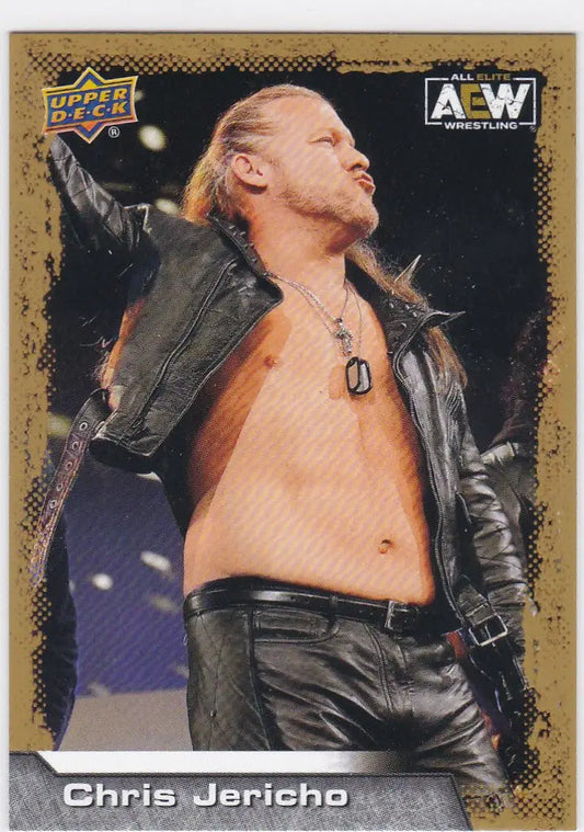 Wrestling trading card of Chris Jericho in a leather jacket, Upper Deck AEW Gold Parallel