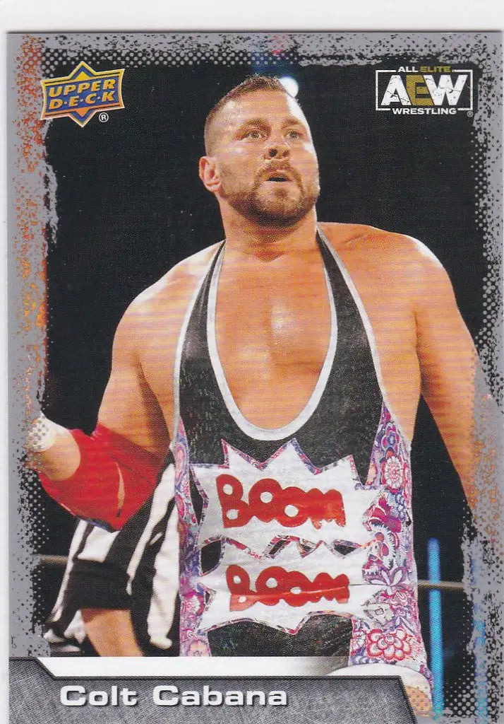 Professional wrestler in white singlet with Boom Boom and red wristbands, Upper Deck AEW