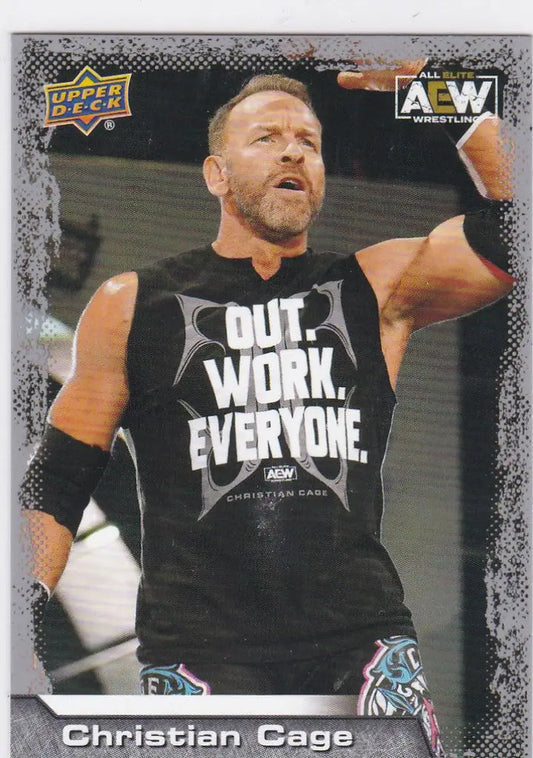 Professional wrestler in black tank top with Out Work Everyone, Upper Deck AEW product