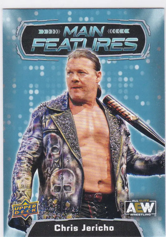 Wrestling trading card of Chris Jericho in a skull jacket from Upper Deck AEW Main Features