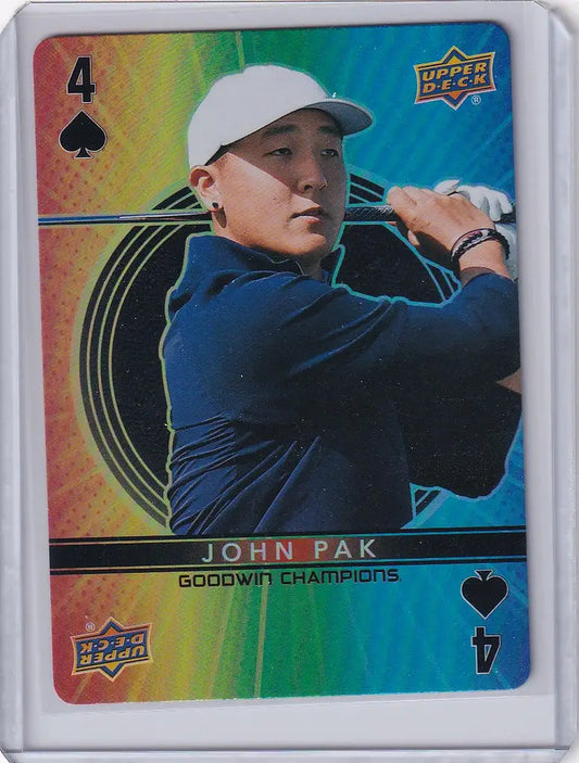 Holographic trading card of John Pak swinging, from Upper Deck Goodwin Playing Cards