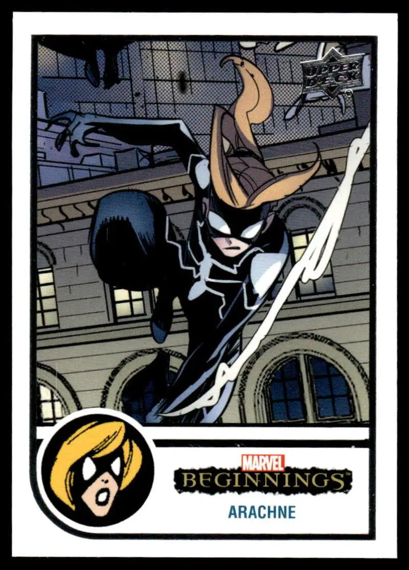 Arachne in black costume leaping with a sword from Upper Deck Marvel Beginnings Vol. 2