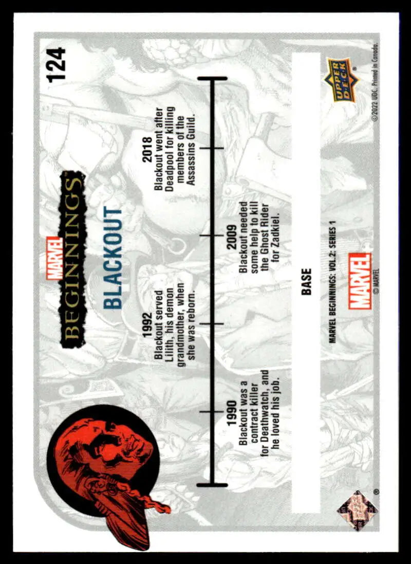 Trading card from Marvel Beginnings Vol. 2 featuring superhero silhouette timeline