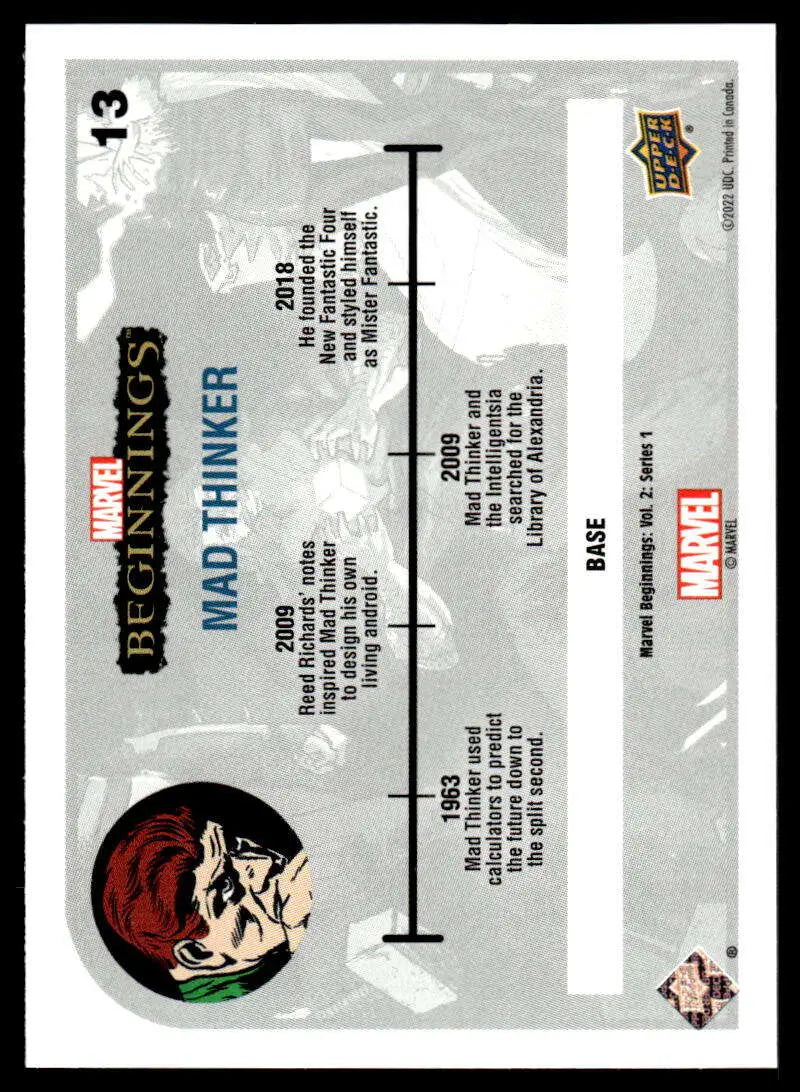 Trading card featuring Mad Thinker from Marvel Beginnings Vol. 2 with cartoon timeline