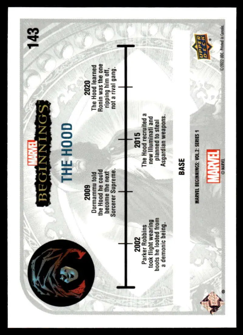 Trading card featuring Marvel Beginnings Vol. 2 timeline design with logo