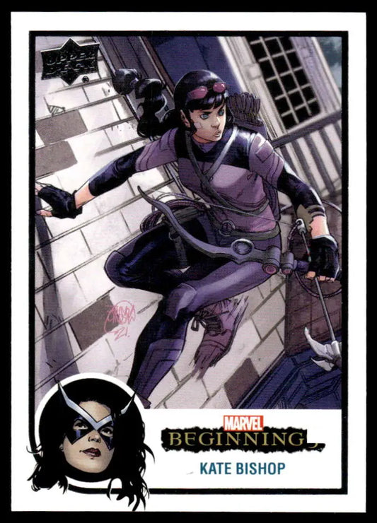 Kate Bishop in purple combat gear on 2022 Upper Deck Marvel Beginnings trading card