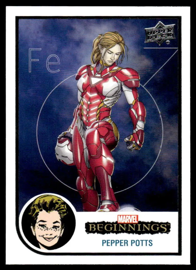 Red and silver armored Pepper Potts in heroic pose from Upper Deck Marvel Beginnings