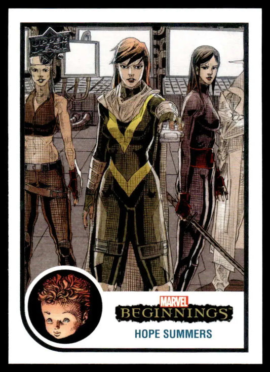 Upper Deck Marvel trading card of Hope Summers with three characters in combat attire