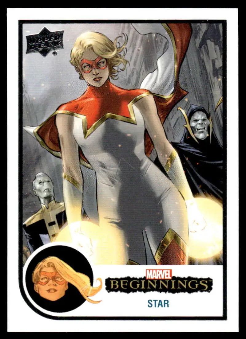 Trading card of superhero in red and gold costume from Upper Deck Marvel Beginnings