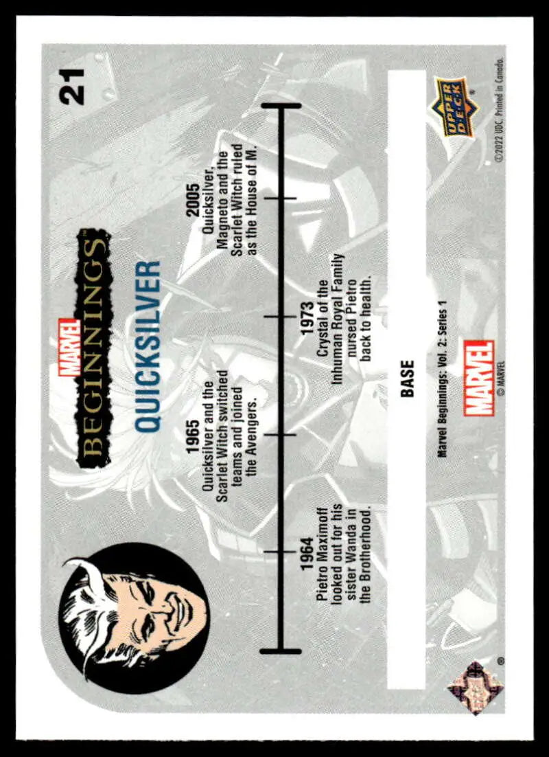 Trading card featuring timeline design and black logo from Marvel Beginnings Vol. 2