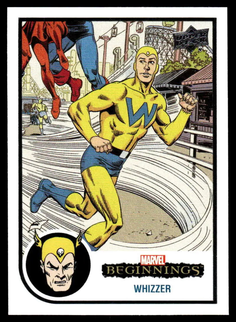 Superhero in yellow costume with blue accents from Upper Deck Marvel Beginnings