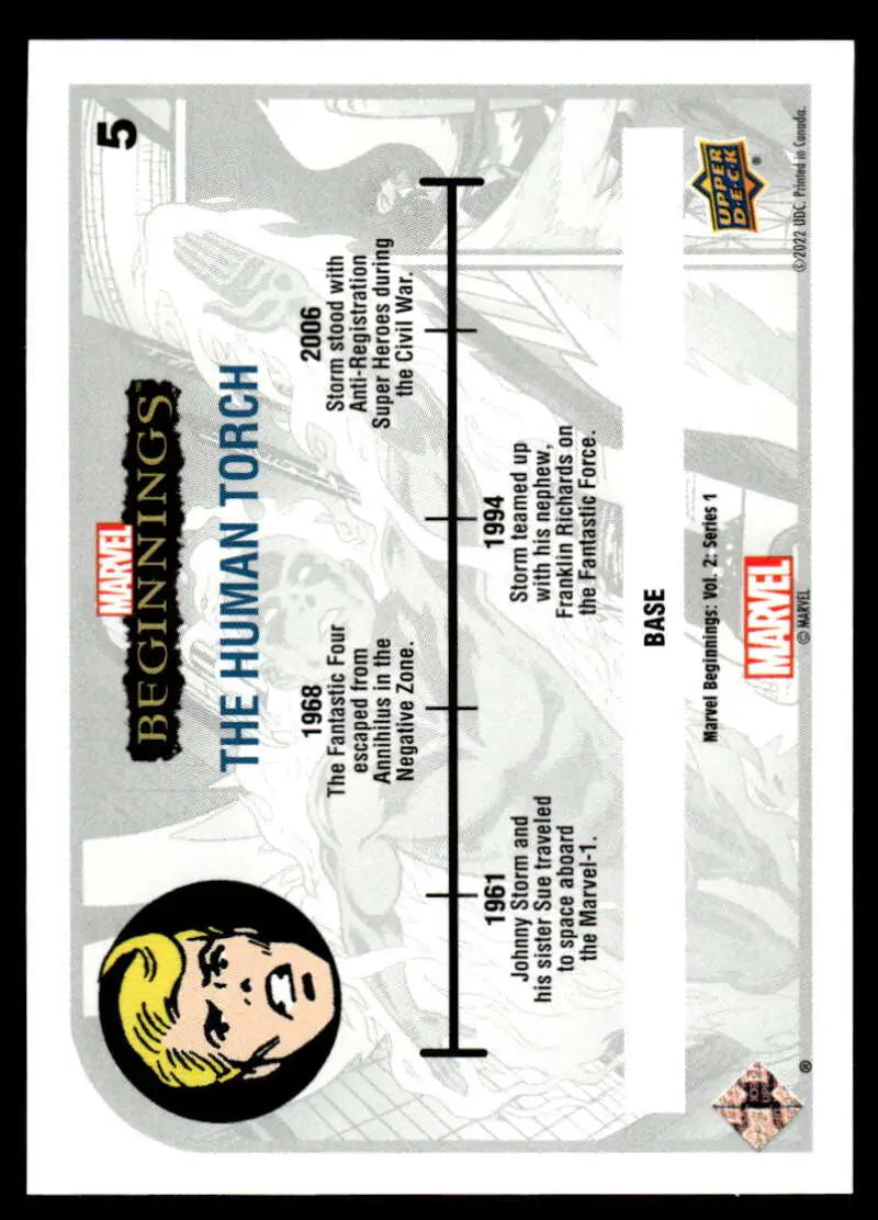 Johnny Storm trading card featuring a timeline of events from Marvel Beginnings Vol 2