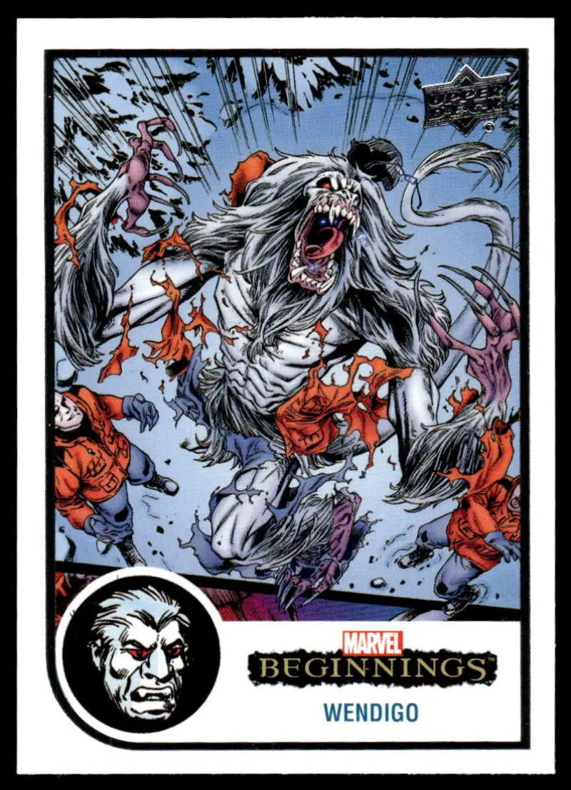 A snarling white-furred Wendigo with sharp claws on Upper Deck Marvel trading card