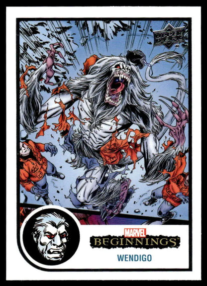 A snarling white-furred Wendigo with sharp claws on Upper Deck Marvel trading card