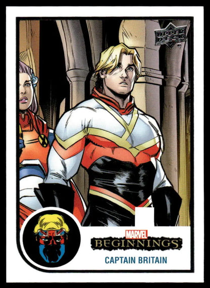 Trading card of Captain Britain in a red and white costume from Upper Deck Marvel