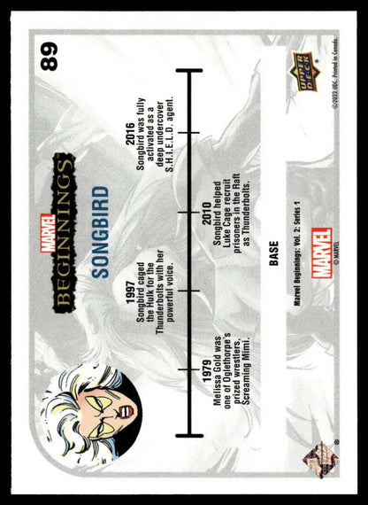 Trading card with timeline design and Black Cat illustration from Upper Deck Marvel