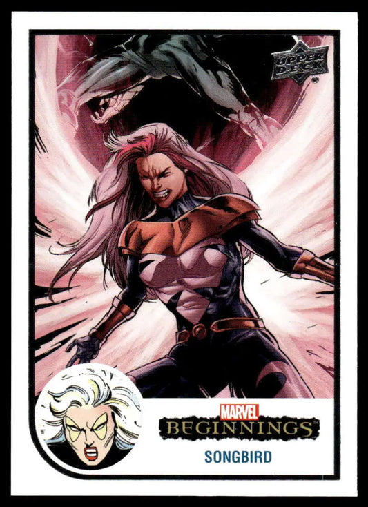 Comic book trading card of Songbird in action from Upper Deck Marvel Beginnings