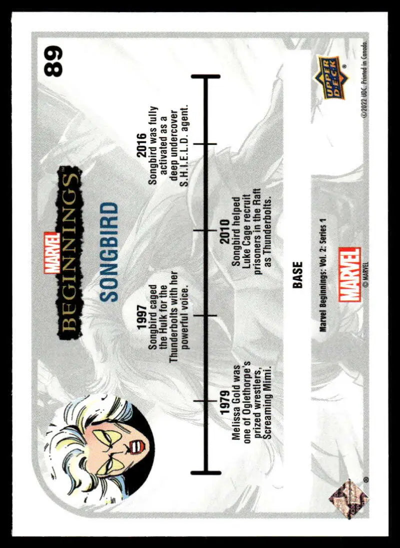 Trading card with timeline design and Black Cat illustration from Upper Deck Marvel