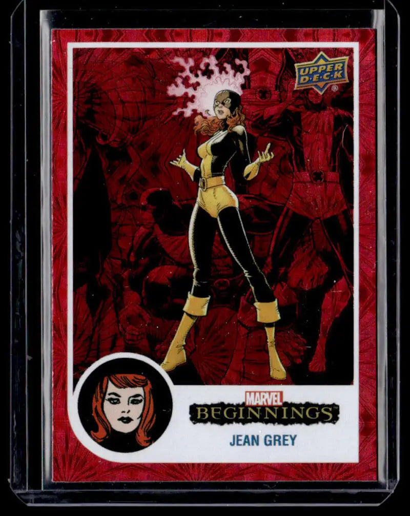 Jean Grey trading card in black and yellow costume, part of Marvel Beginnings Vol series