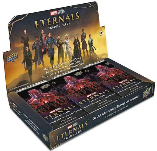 Display box of 2022 Upper Deck Marvel Eternals trading cards with character artwork