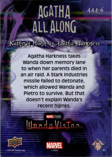 Trading card from 2022 Upper Deck Marvel WandaVision featuring Agatha Harkness memories