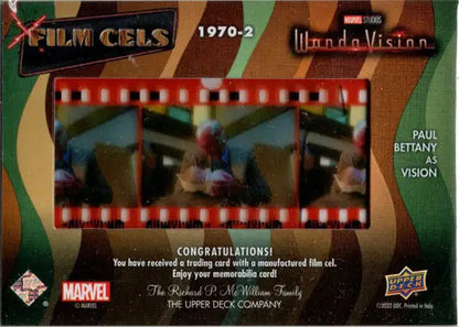 Film cell strip from 2022 Upper Deck Marvel WandaVision trading cards featuring Paul Bettany