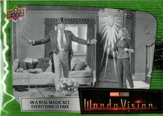 Trading card featuring Green Vision from Marvel’s WandaVision in black and white scene