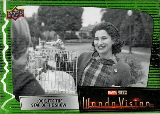 Black and white trading card of Green Vision with rabbit scene from Marvel WandaVision series