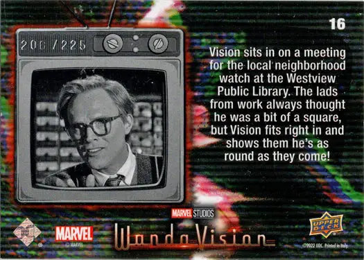 Vintage television showcasing a black and white scene from WandaVision on a Green Vision card