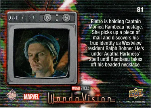 Television screen displaying Green Vision wearing a beaded necklace in trading cards