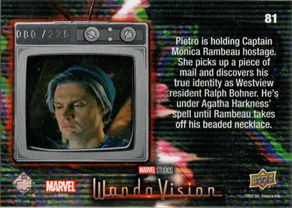 Television screen displaying Green Vision wearing a beaded necklace in trading cards