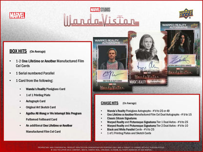 Product advertisement for Upper Deck Marvel WandaVision trading cards and box contents