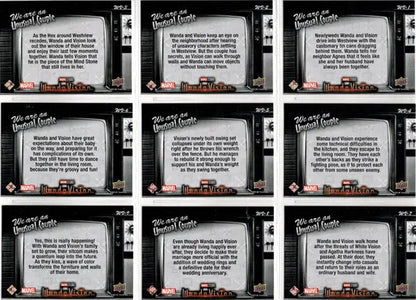 Collection of nine black and white text panels from the Unusual Couple insert set trading cards