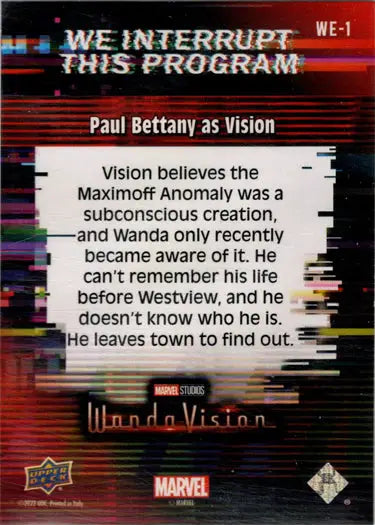 Marvel WandaVision program chase card featuring Vision’s beliefs about the Maximoff Anomaly