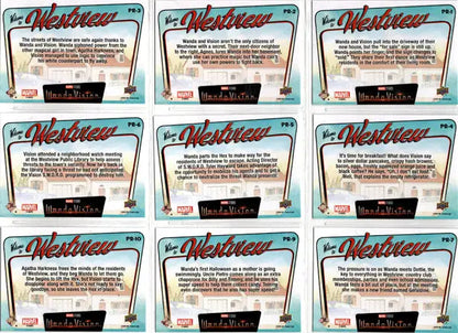 Nine identical instruction cards with red cursive in Marvel WandaVision insert set