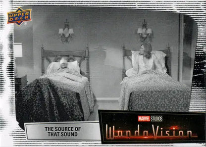 Black and white image of twin beds in 2022 Upper Deck Marvel White Vision trading card