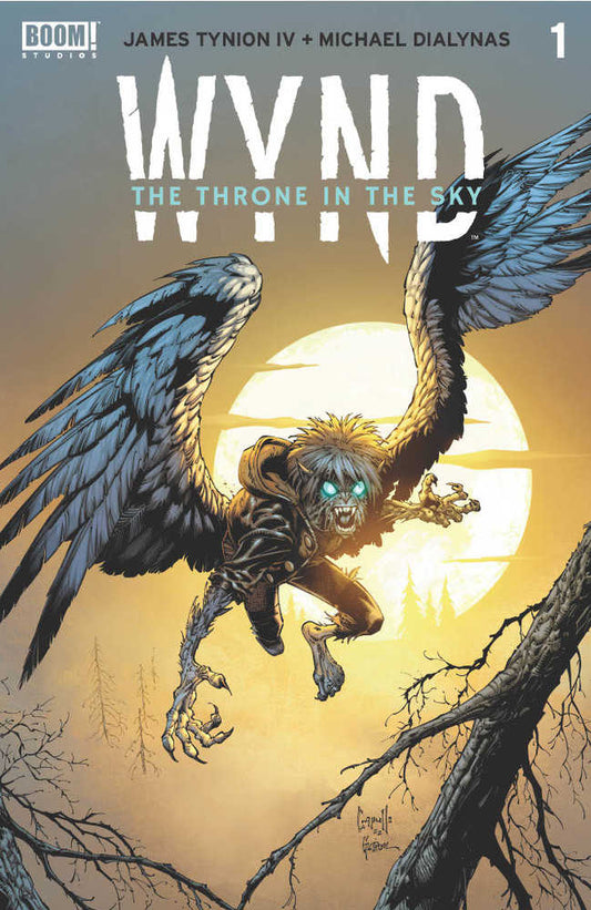 A dark-winged creature soars against a glowing moon on Wynd The Throne In The Sky cover